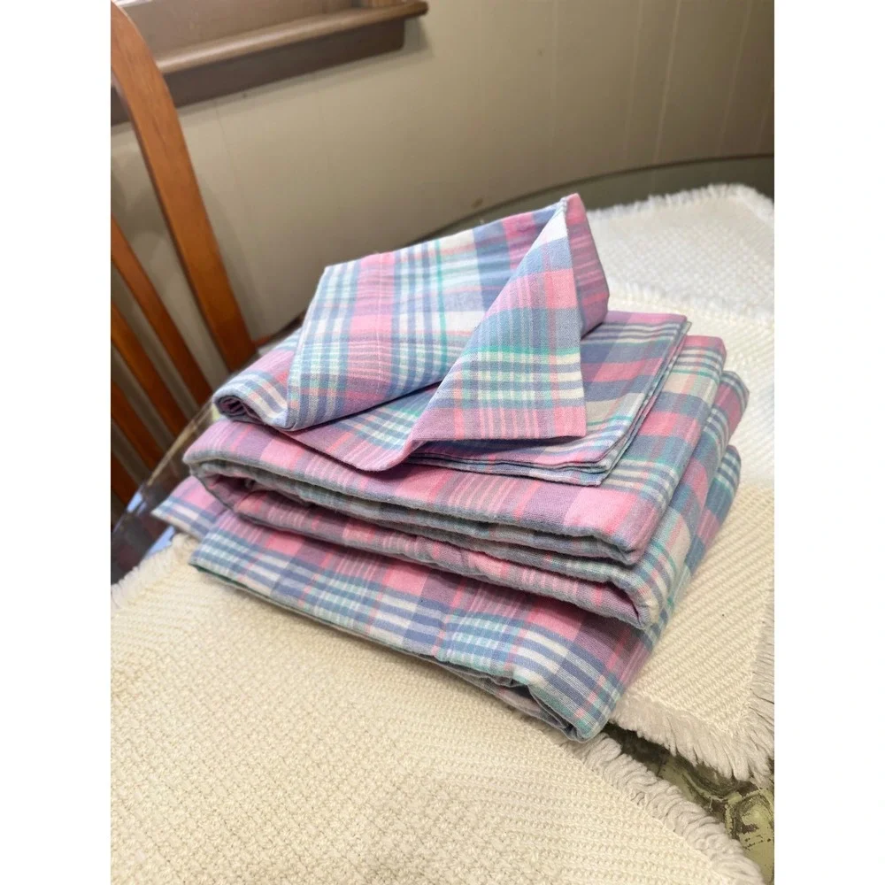 Divatex vtg Home Fashions Full Flannel Sheet Set Pink Blue Plaid 100% Cotton 3pc
